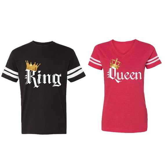 King & Queen Color Matching Couple Cotton Jerseys (Men Black / Women Red) (Men M / Women S)