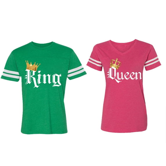 King & Queen Color Matching Couple Cotton Jerseys (Men Green / Women Pink) (Men S / Women M)