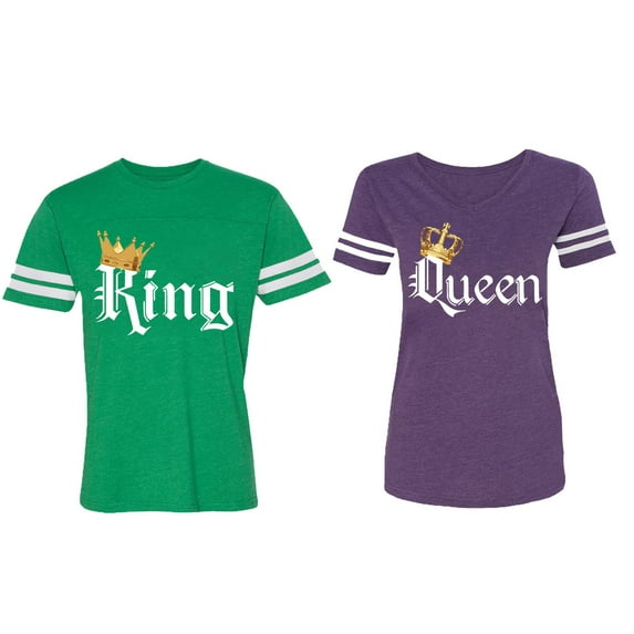 King & Queen Color Matching Couple Cotton Jerseys (Men Green / Women Purple) (Men XXL / Women M)
