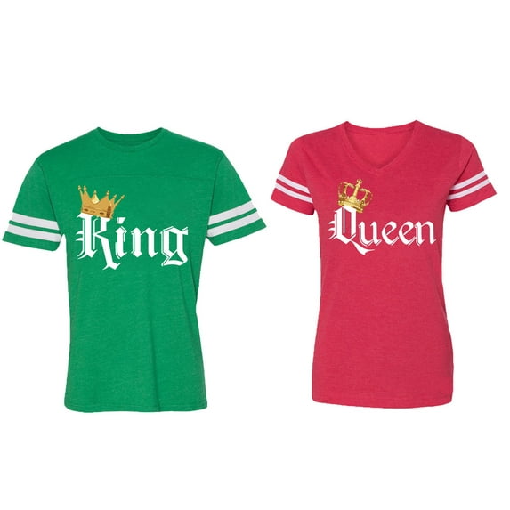 King & Queen Color Matching Couple Cotton Jerseys (Men Green / Women Red) (Men XXL / Women M)