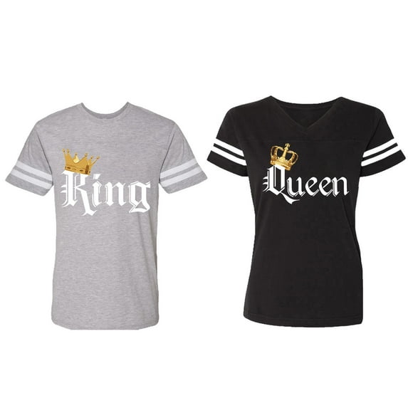 King & Queen Color Matching Couple Cotton Jerseys (Men Heather / Women Black) (Men L / Women XXL)