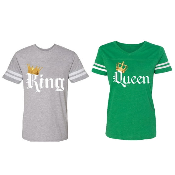 King & Queen Color Matching Couple Cotton Jerseys (Men Heather / Women Green) (Men XXL / Women M)
