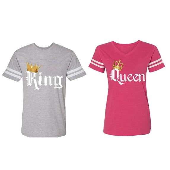 King & Queen Color Matching Couple Cotton Jerseys (Men Heather / Women Pink) (Men XL / Women S)