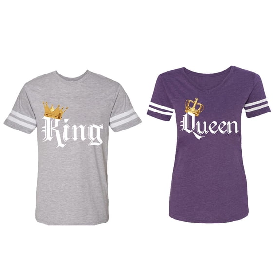 King & Queen Color Matching Couple Cotton Jerseys (Men Heather / Women Purple) (Men M / Women L)