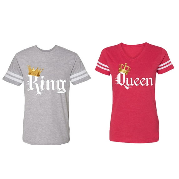 King & Queen Color Matching Couple Cotton Jerseys (Men Heather / Women Red) (Men M / Women XXL)