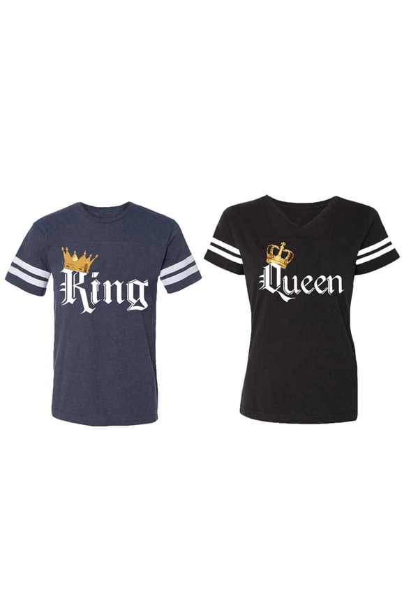 King & Queen Color Matching Couple Cotton Jerseys (Men Navy / Women Black) (Men S / Women S)