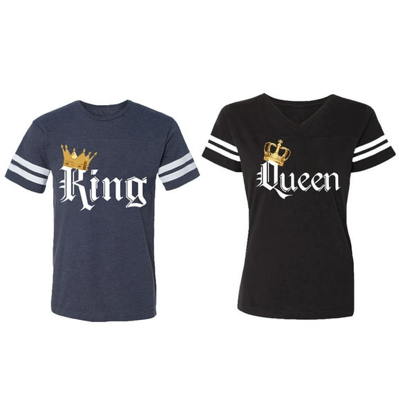 King & Queen Color Matching Couple Cotton Jerseys (Men Navy / Women Black) (Men S / Women S)