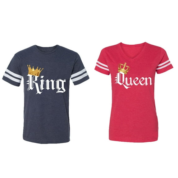 King & Queen Color Matching Couple Cotton Jerseys (Men Navy / Women Red) (Men S / Women S)