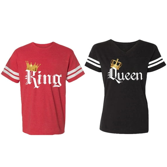 King & Queen Color Matching Couple Cotton Jerseys (Men Red / Women Black) (Men S / Women XXL)