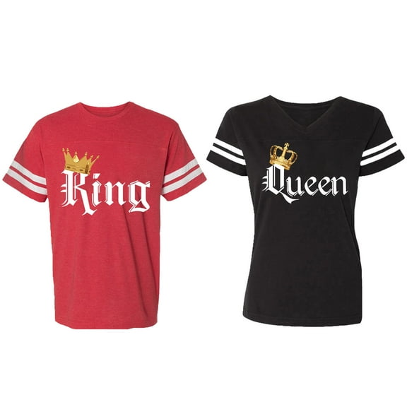 King & Queen Color Matching Couple Cotton Jerseys (Men Red / Women Black) (Men XXL / Women XL)