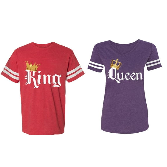 King & Queen Color Matching Couple Cotton Jerseys (Men Red / Women Purple) (Men XXXL / Women XXL)