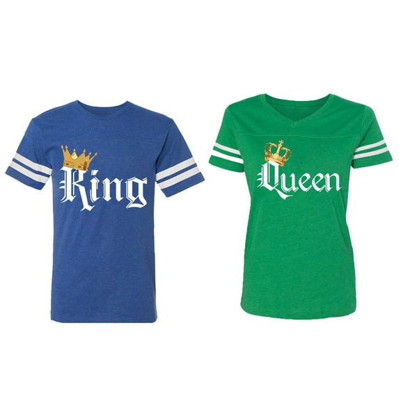 King & Queen Color Matching Couple Cotton Jerseys (Men Royal / Women Green) (Men XXL / Women XXL)