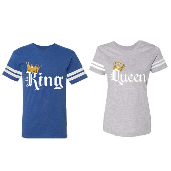 King & Queen Color Matching Couple Cotton Jerseys (Men Royal / Women Heather) (Men M / Women L)