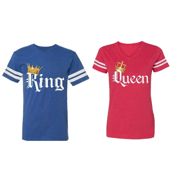 King & Queen Color Matching Couple Cotton Jerseys (Men Royal / Women Red) (Men L / Women XL)