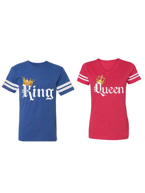 King & Queen Color Matching Couple Cotton Jerseys (Men Royal / Women Red) (Men XL / Women XL)