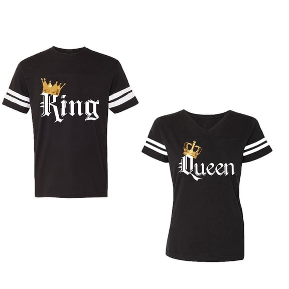 King & Queen Color Unisex Couple Matching Cotton Jersey style T-Shirt Contrasting stripes on sleeves (Men Black / Women Black) (Men XL / Women L)