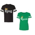 thumbnail image 1 of King & Queen Color Unisex Couple Matching Cotton Jersey style T-Shirt Contrasting stripes on sleeves (Men Black / Women Green) (Men M / Women XXL), 1 of 3