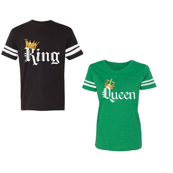 King & Queen Color Unisex Couple Matching Cotton Jersey style T-Shirt Contrasting stripes on sleeves (Men Black / Women Green) (Men M / Women XXL)