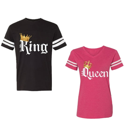 King & Queen Color Unisex Couple Matching Cotton Jersey style T-Shirt Contrasting stripes on sleeves (Men Black / Women Pink) (Men S / Women S)
