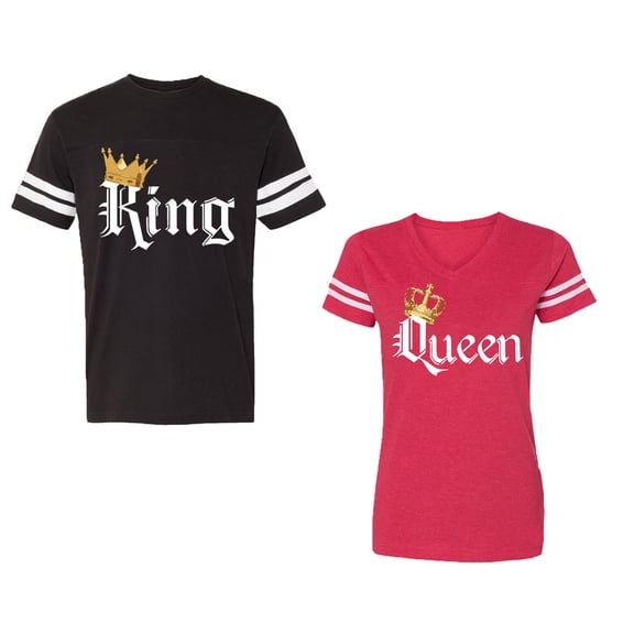 King & Queen Color Unisex Couple Matching Cotton Jersey style T-Shirt Contrasting stripes on sleeves (Men Black / Women Red) (Men XXL / Women XXL)