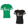 thumbnail image 1 of King & Queen Color Unisex Couple Matching Cotton Jersey style T-Shirt Contrasting stripes on sleeves (Men Green / Women Black) (Men M / Women M), 1 of 3