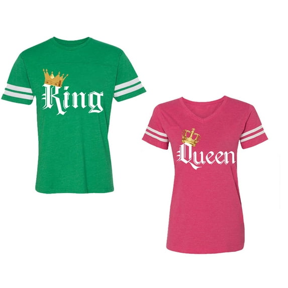 King & Queen Color Unisex Couple Matching Cotton Jersey style T-Shirt Contrasting stripes on sleeves (Men Green / Women Pink) (Men S / Women L)