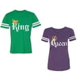 thumbnail image 1 of King & Queen Color Unisex Couple Matching Cotton Jersey style T-Shirt Contrasting stripes on sleeves (Men Green / Women Purple) (Men M / Women XL), 1 of 3