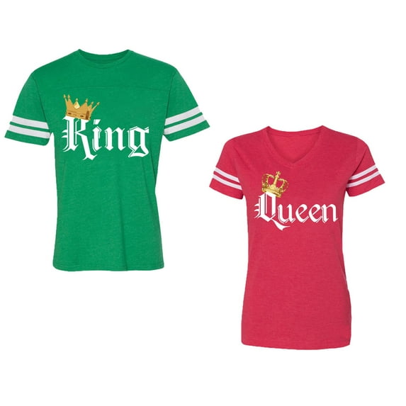 King & Queen Color Unisex Couple Matching Cotton Jersey style T-Shirt Contrasting stripes on sleeves (Men Green / Women Red) (Men S / Women S)