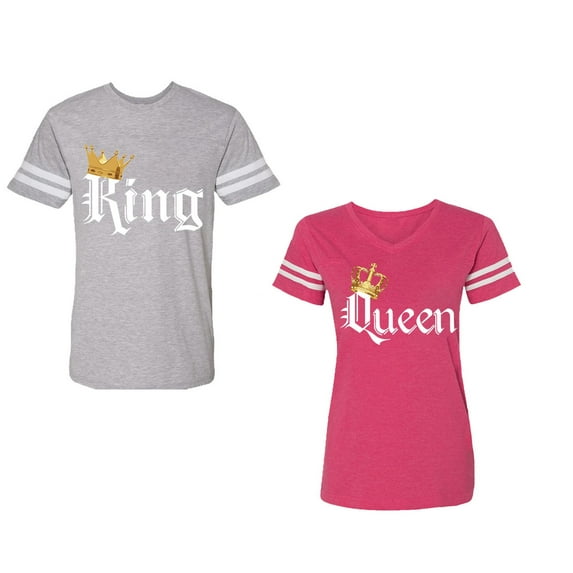 King & Queen Color Unisex Couple Matching Cotton Jersey style T-Shirt Contrasting stripes on sleeves (Men Heather / Women Pink) (Men M / Women S)