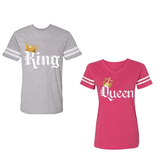 King & Queen Color Unisex Couple Matching Cotton Jersey style T-Shirt Contrasting stripes on sleeves (Men Heather / Women Pink) (Men S / Women L)