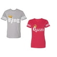 thumbnail image 1 of King & Queen Color Unisex Couple Matching Cotton Jersey style T-Shirt Contrasting stripes on sleeves (Men Heather / Women Red) (Men XXL / Women M), 1 of 3