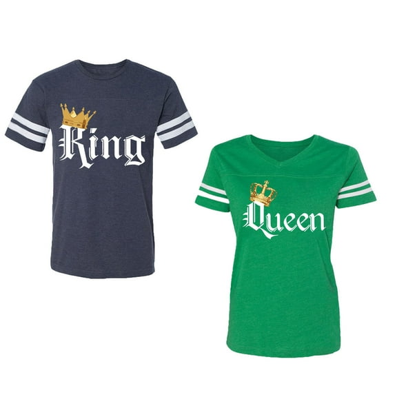 King & Queen Color Unisex Couple Matching Cotton Jersey style T-Shirt Contrasting stripes on sleeves (Men Navy / Women Green) (Men XL / Women M)