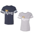 thumbnail image 1 of King & Queen Color Unisex Couple Matching Cotton Jersey style T-Shirt Contrasting stripes on sleeves (Men Navy / Women Heather) (Men XL / Women S), 1 of 3
