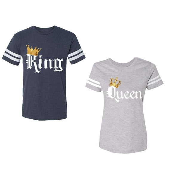 King & Queen Color Unisex Couple Matching Cotton Jersey style T-Shirt Contrasting stripes on sleeves (Men Navy / Women Heather) (Men XXL / Women XXL)