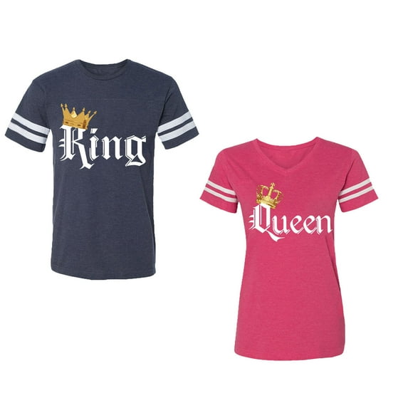 King & Queen Color Unisex Couple Matching Cotton Jersey style T-Shirt Contrasting stripes on sleeves (Men Navy / Women Pink) (Men L / Women L)