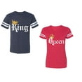 thumbnail image 1 of King & Queen Color Unisex Couple Matching Cotton Jersey style T-Shirt Contrasting stripes on sleeves (Men Navy / Women Red) (Men M / Women XXL), 1 of 3