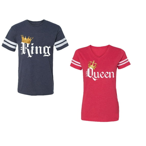 King & Queen Color Unisex Couple Matching Cotton Jersey style T-Shirt Contrasting stripes on sleeves (Men Navy / Women Red) (Men S / Women XL)