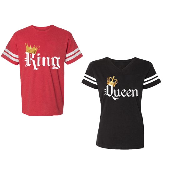 King & Queen Color Unisex Couple Matching Cotton Jersey style T-Shirt Contrasting stripes on sleeves (Men Red / Women Black) (Men S / Women S)