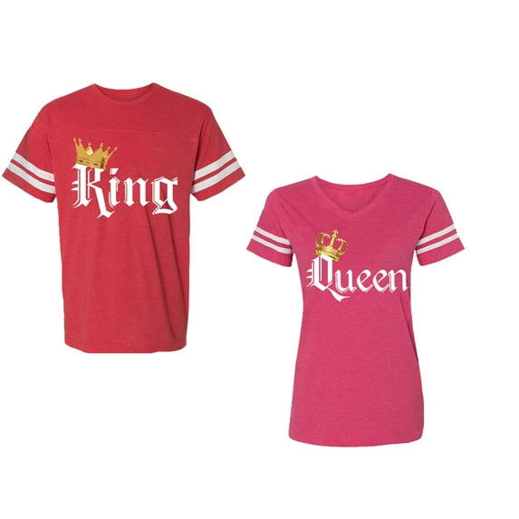King & Queen Color Unisex Couple Matching Cotton Jersey style T-Shirt Contrasting stripes on sleeves (Men Red / Women Pink) (Men XXL / Women XL)