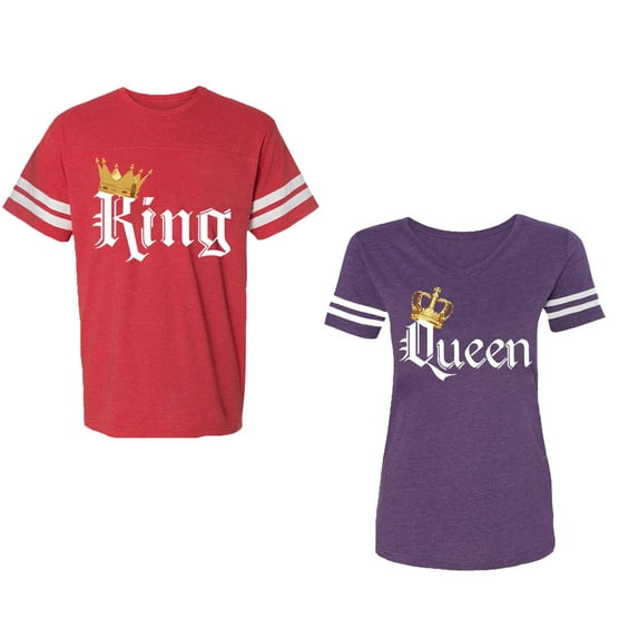 King & Queen Color Unisex Couple Matching Cotton Jersey style T-Shirt Contrasting stripes on sleeves (Men Red / Women Purple) (Men L / Women XXL)