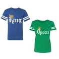 thumbnail image 1 of King & Queen Color Unisex Couple Matching Cotton Jersey style T-Shirt Contrasting stripes on sleeves (Men Royal / Women Green) (Men S / Women XL), 1 of 3