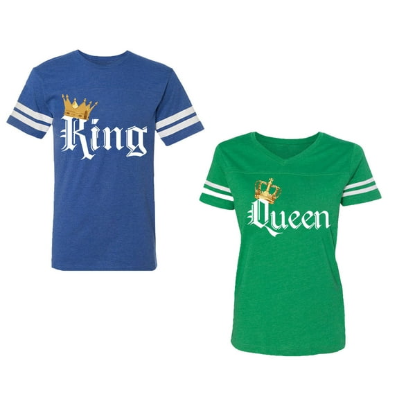 King & Queen Color Unisex Couple Matching Cotton Jersey style T-Shirt Contrasting stripes on sleeves (Men Royal / Women Green) (Men XXL / Women XXL)