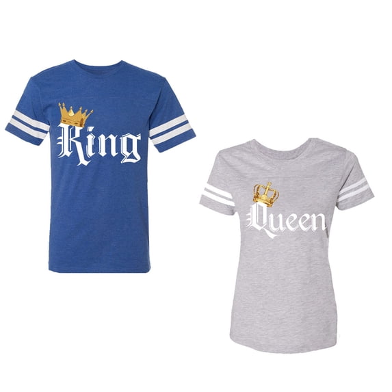 King & Queen Color Unisex Couple Matching Cotton Jersey style T-Shirt Contrasting stripes on sleeves (Men Royal / Women Heather) (Men XL / Women L)