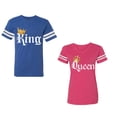 thumbnail image 1 of King & Queen Color Unisex Couple Matching Cotton Jersey style T-Shirt Contrasting stripes on sleeves (Men Royal / Women Pink) (Men XXL / Women XL), 1 of 3
