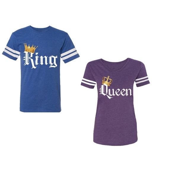 King & Queen Color Unisex Couple Matching Cotton Jersey style T-Shirt Contrasting stripes on sleeves (Men Royal / Women Purple) (Men S / Women L)