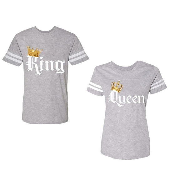 King & Queen Color Unisex Couple Matching Cotton Jersey style T-Shirt Contrasting stripes on sleeves (Men Heather / Women Heather) (Men XXL / Women M)