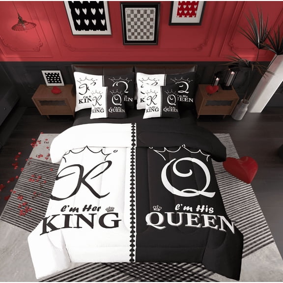 King And Queen Couple King Bedding Set 7 Piece For Men Women,Black White Crown Comforter Set With Sheets Mr Mrs His Her Bed In A Bag Romantic Valentine'S Day Wedding Gifts Bed Set