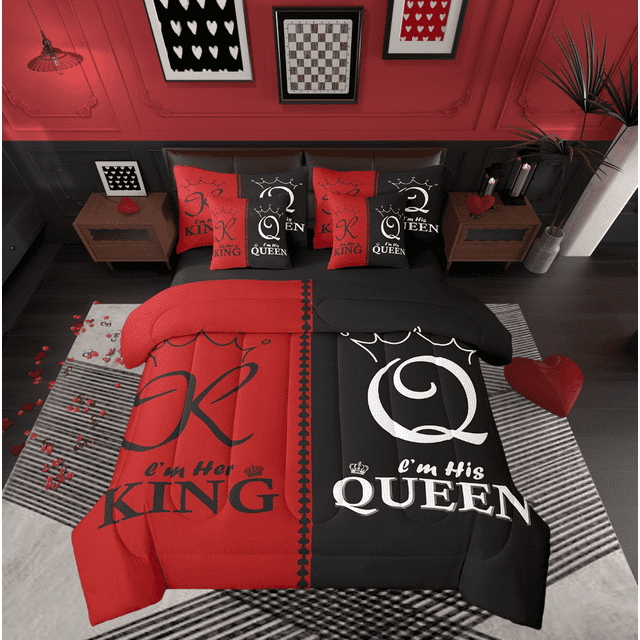 King And Queen Couple Queen Comforter Set 7 Piece For Men Women,Red Black White Crown Bedding Set Mr Mrs His Her Bed In A Bag Romantic Valentine'S Day Gifts Sheet Set With Comforter
