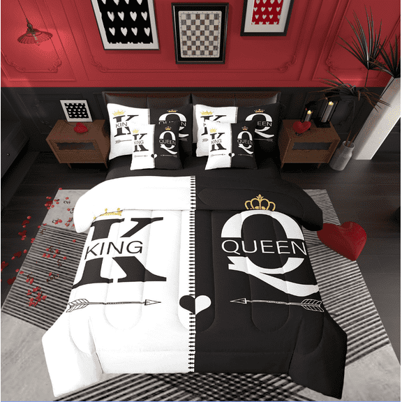 King And Queen Crown King Bed In A Bag 7 Piece Black White Mr Mrs Bedding Set With Sheets For Adults Men Women,His And Hers Couple Comforter Set Valentine'S Day Wedding Gifts Bed Set