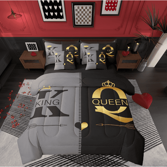 King And Queen Crown King Bedding Set 7 Piece Black Grey Mr Mrs Comforter Set For Adults Men Women,His Hers Couple Bed In A Bag Valentine'S Day Gifts Sheet Set With Comforter